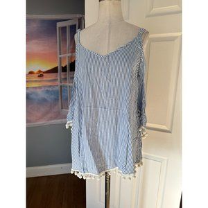Unique Spectrum blue and white striped cold shoulder with pom pom trim LG